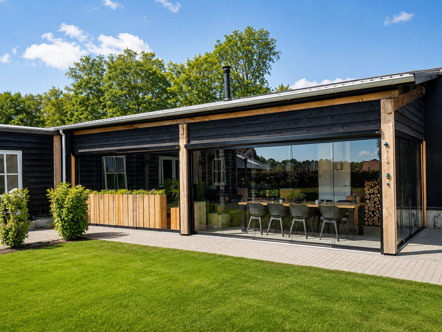 Project glazen schuifwand in modern buitenverblijf